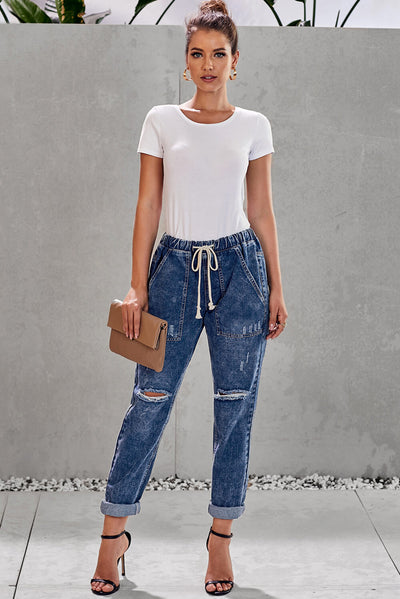 Drawstring Denim Joggers - OK BAZAAR | Trendy Attainable Fashion & Accessories