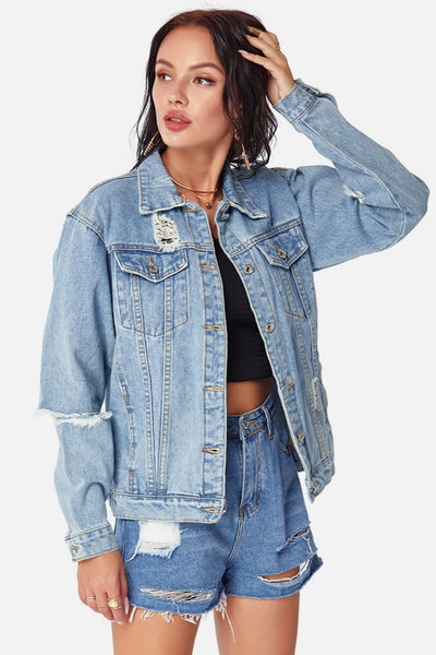 Distressed Sleeves Denim Jacket - OK BAZAAR | Trendy Attainable Fashion & Accessories