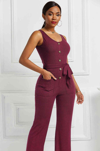 Button Detail Tie Waist Jumpsuit with Pockets - OK BAZAAR | Trendy Attainable Fashion & Accessories