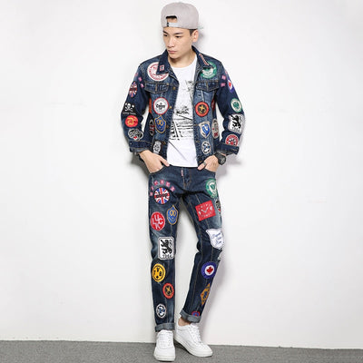 Jacket Jeans Sets Men's Worn Slim Personality Tide Brand Street Dance Suit Embroidery Multi-badge Jacket and Jeans - OK BAZAAR | Trendy Attainable Fashion & Accessories